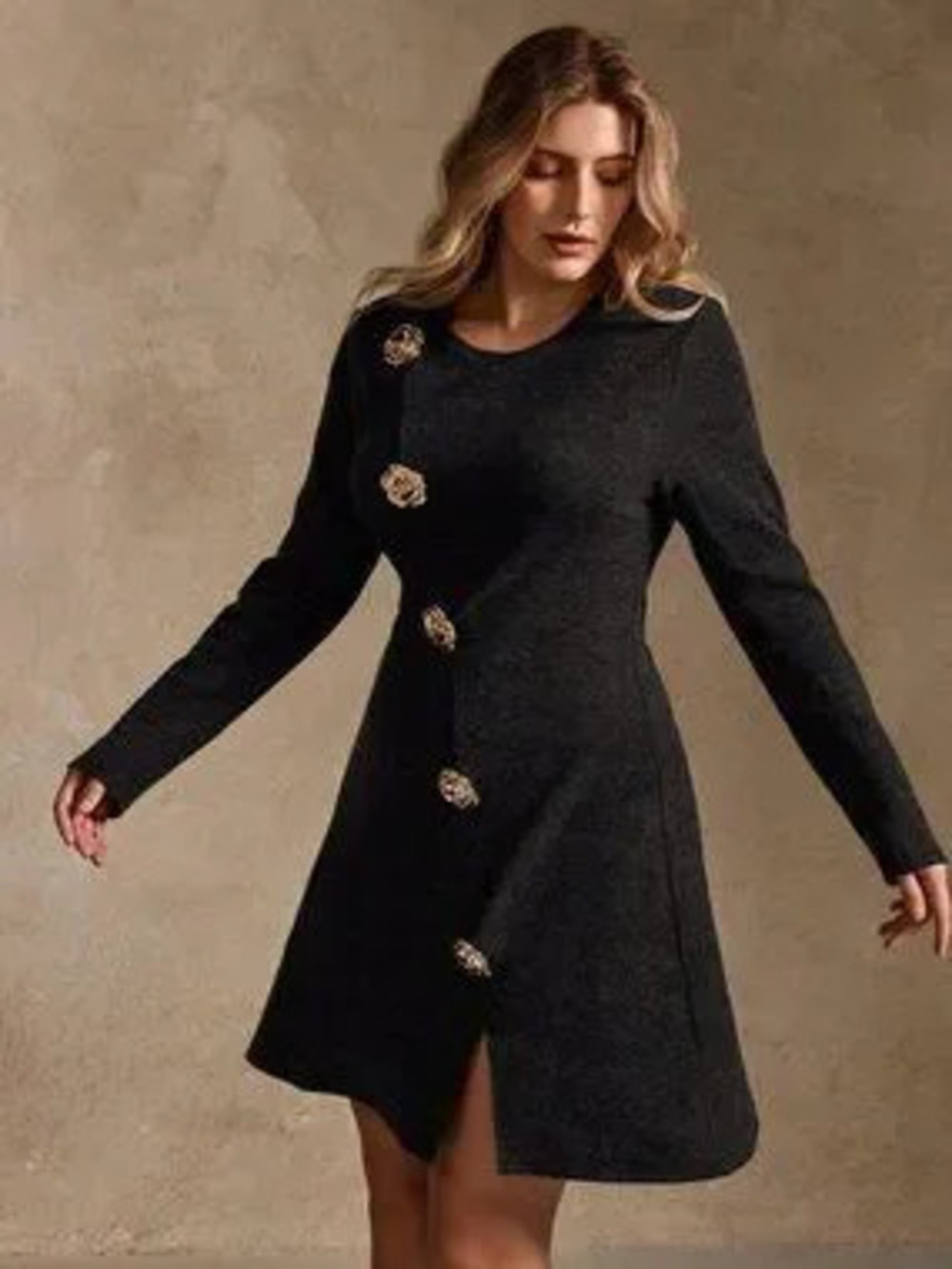 Black Elegant Women's Plus Size Ribbed Knit Metal Button Casual Dress
